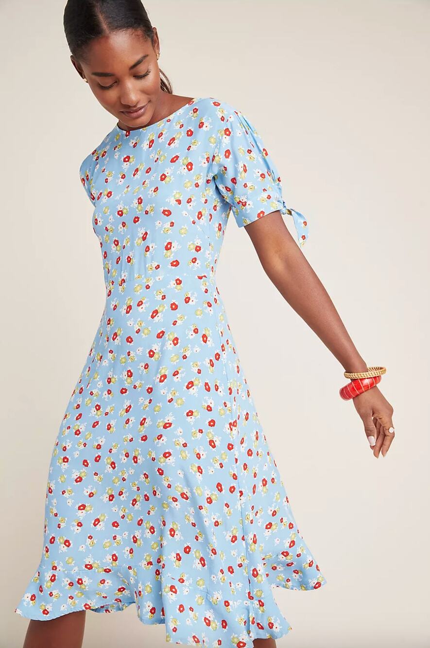 Faithfull the Brand Erin Floral Midi Dress Blue Ditsy Print Size 6
